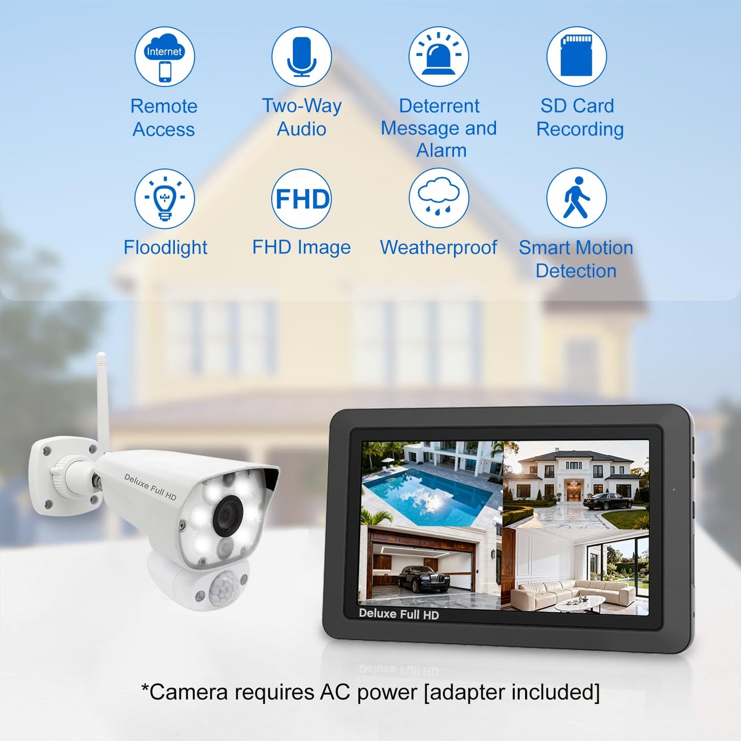 CasaCam Deluxe Wireless Security Camera System | 2 1080p Floodlight Cameras and one 7" Touchscreen Monitor | AC Powered, Two-Way Audio, Free APP, 32GB