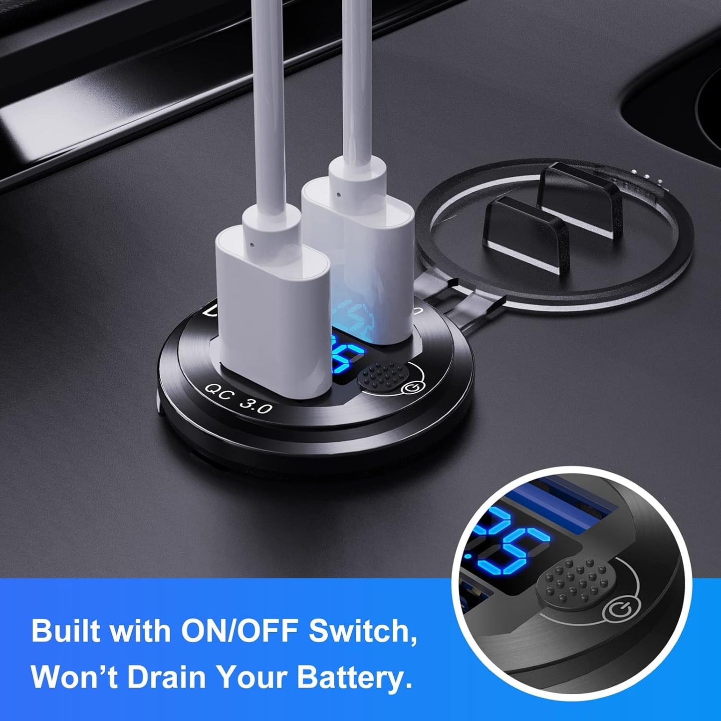 DAESENN 12V Flush Mount Car Charger, Aluminum Metal Body with LED Voltmeter and Switch, Dual QC3.0 USB Port for Marine, RV, Motorcycle & Panel