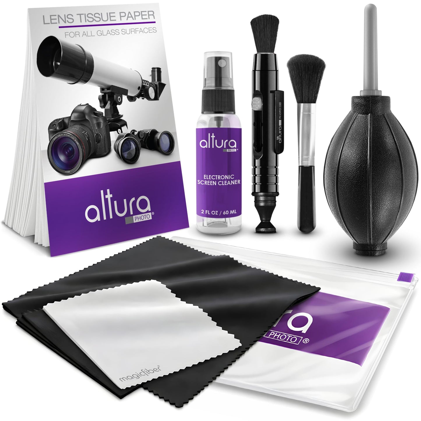 Altura Photo Camera Cleaning Kit - Lens Cleaner Spray, Brush, Pen, Blower, Microfiber Cleaning Cloths, Tissue Wipes for Canon Nikon Sony Fuji Olympus