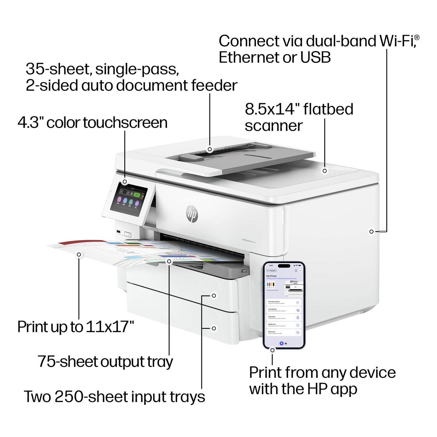 HP OfficeJet Pro 9730 Wide-Format Wireless All-in-One Color Inkjet Printer, Print, scan, Copy, fax, up to 11x17 ADF, Duplex Print/scan