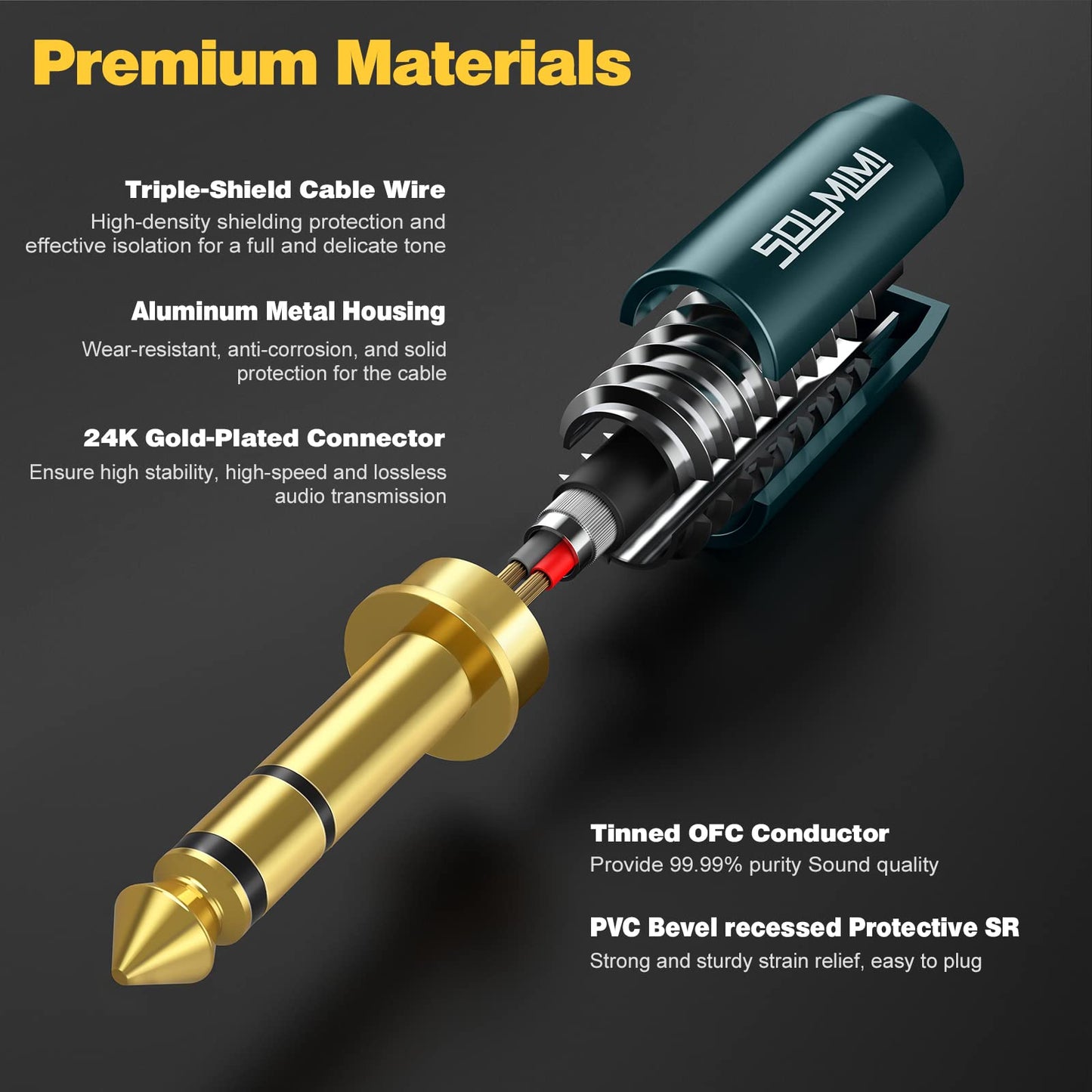 SOLMIMI 1/4 to 3.5mm Headphone Adapter, 1/4 to 1/8 6.35mm Male to 3.5mm Female TRS Stereo Audio Adapter Cable for Headphone Mixer Guitar Piano