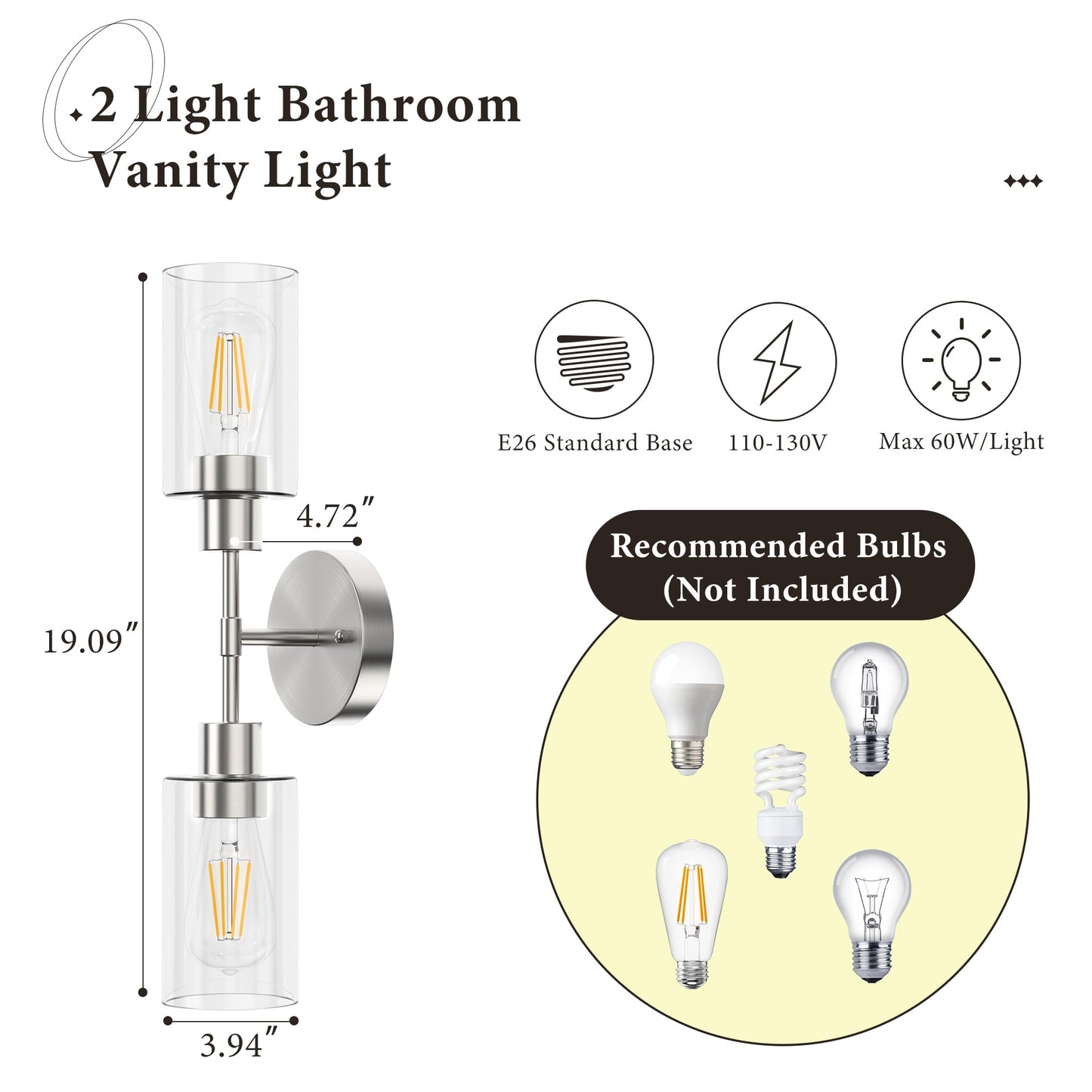 Espird Bathroom Light Fixtures 2 Light Brushed Nickle, Bathroom Vanity Lights Over Mirror, Bathroom Sconces Wall Lighting?Farmhouse Vanity Light