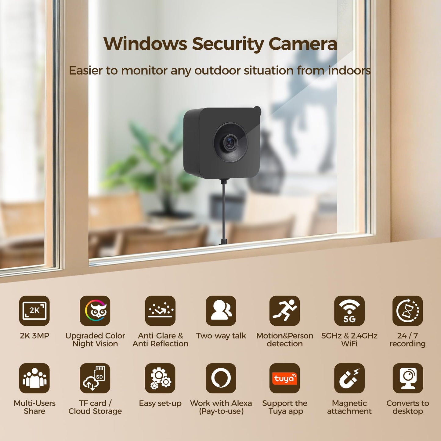 Zoall 3MP/2K Magnetic Window Camera for Home- 5G&2.4GHz WiFi Wireless Indoor/Outdoor Security Cameras with Full-Color Night Vision, Real-Time Clock