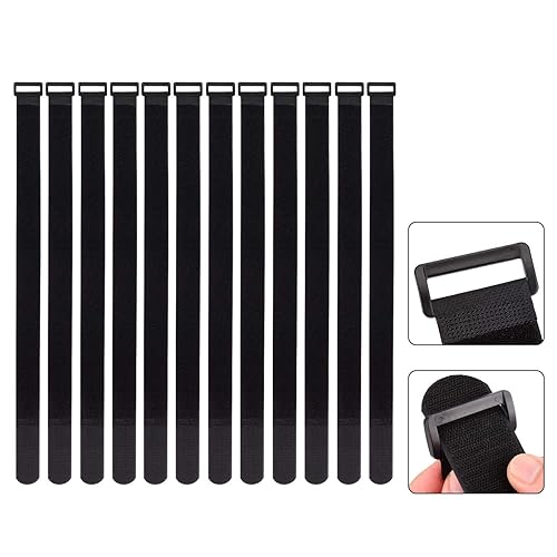 1.5 x 24 Inch Hook and Loop Cable Tie, 12 Pack Heavy Duty Adjustable Fastening Adhesive Cinch Strap with Plastic D-ring Buckle, Multi-Purpose Reusable