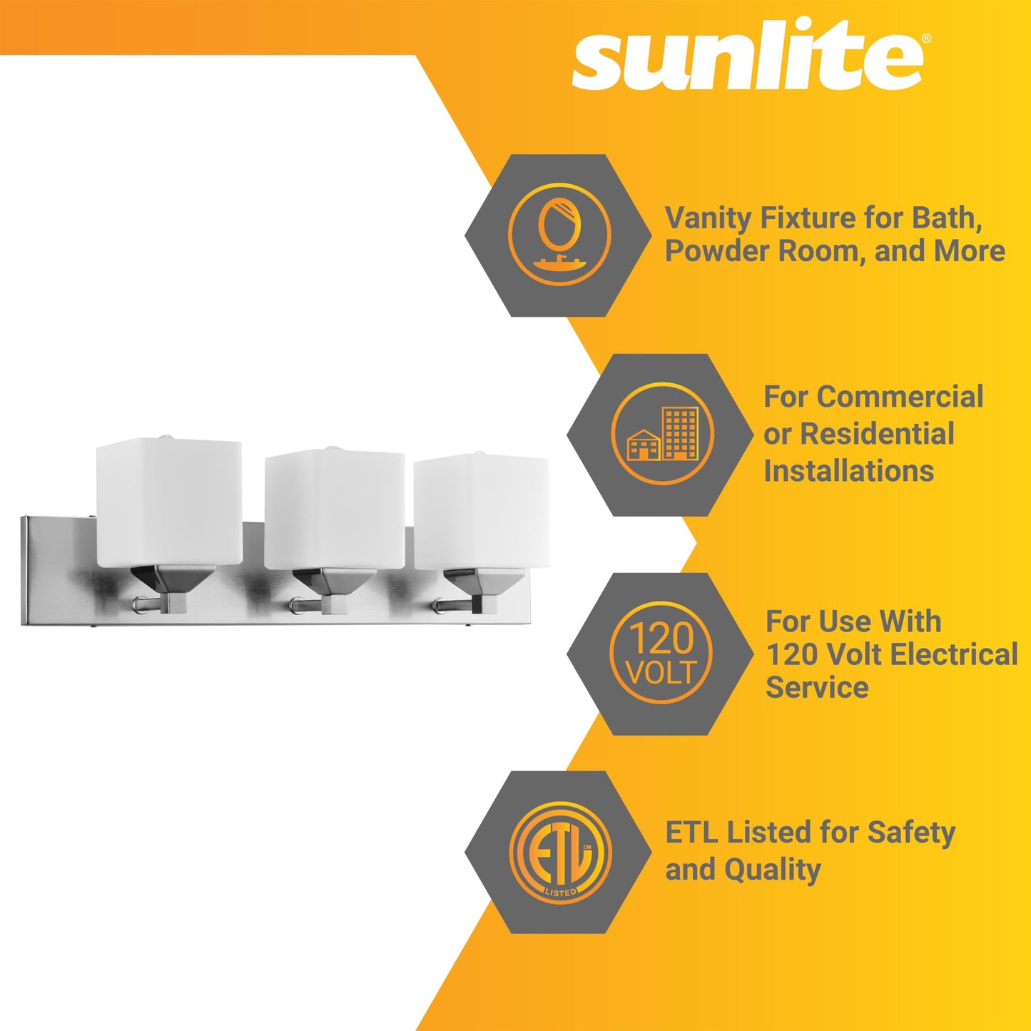 Sunlite 81324-SU Modern Square Shade Vanity Fixture, 24" Wall Mount, Medium Base (E26) Socket, Standard A19 Bulb Required (60W Max), Frosted Glass