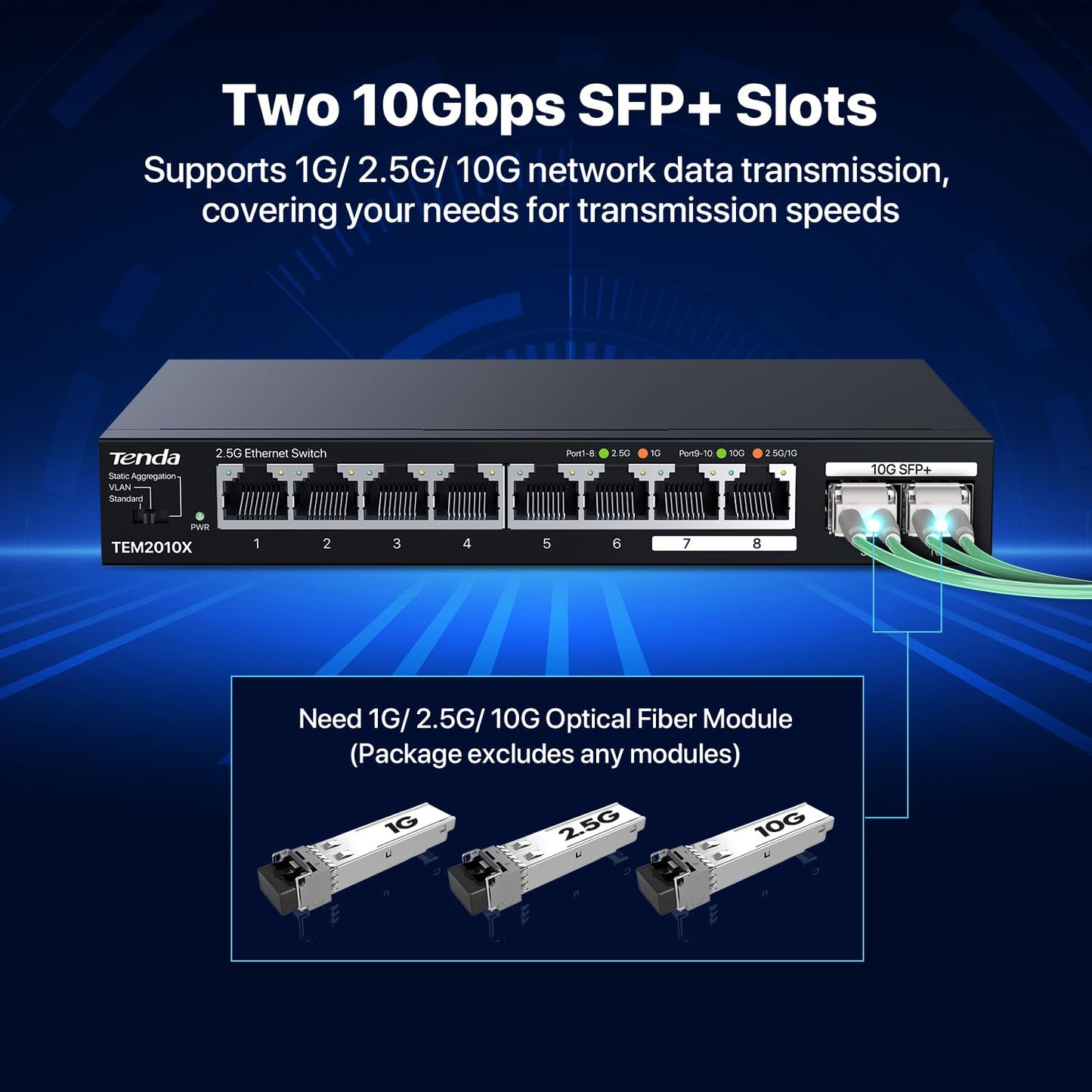 Tenda 2.5Gb Ethernet Switch | 10 Port 2.5G Network Switch | 8 x 2.5G Ports & 2 x 10G SFP+ | Plug & Play | Unmanaged Switch | Desktop/Wall-Mount |