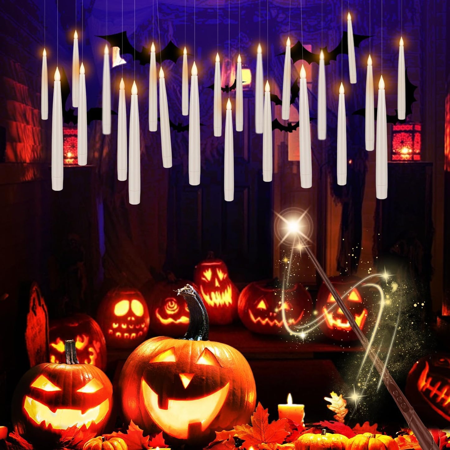 TLNFHRPI 24 Pack LED Floating Candles with Wand Remote, 6.5 Inch Flameless LED Taper Candles with Flickering Warm Light, Hanging Suspended Candles