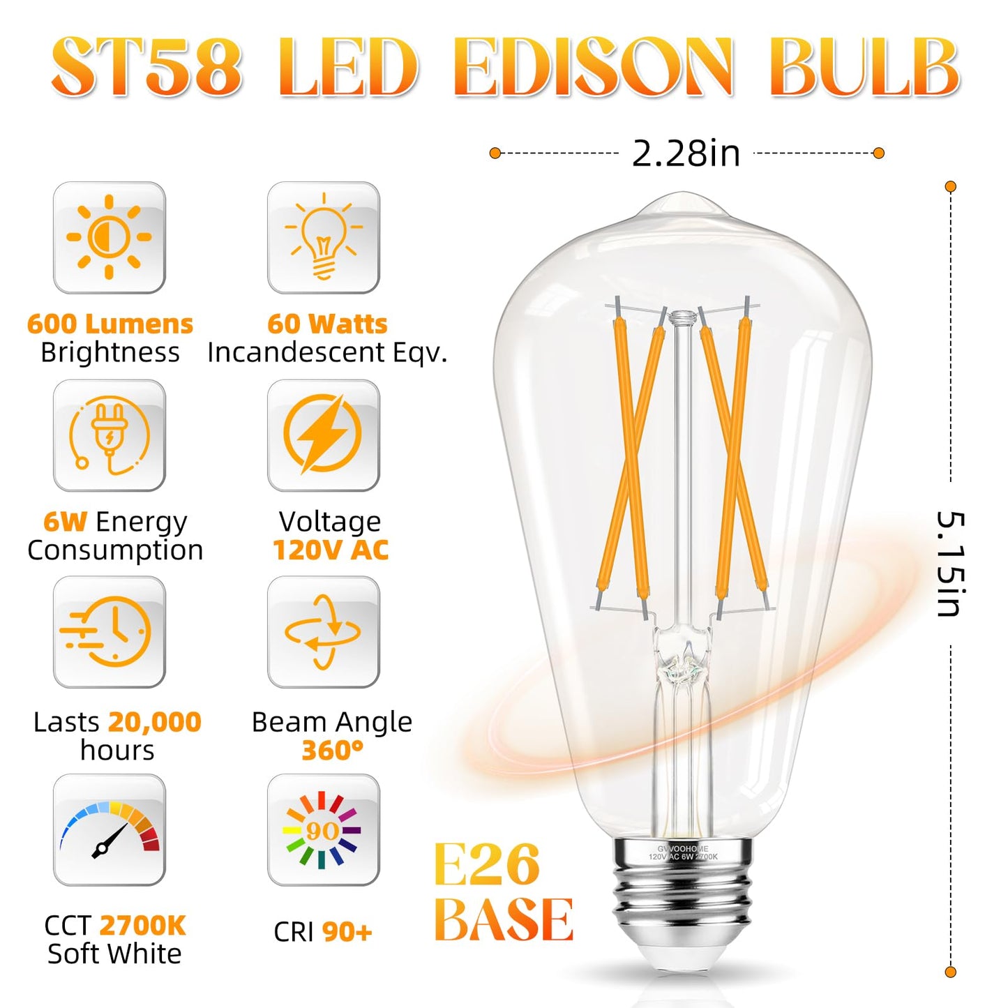 GvvooHome E26 LED Bulb, Soft White 2700K Edison Bulbs, 60 watt Equivalent