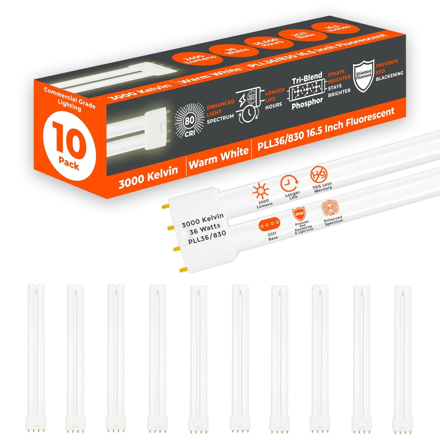 GoodBulb PLL36/830 36W 16.5" Twin Tube Compact Fluorescent Light Bulb 4-pin 2G11 Base 3000K Soft White 2400 Lumen 36000 Hour Long Life Biax Pack of 10