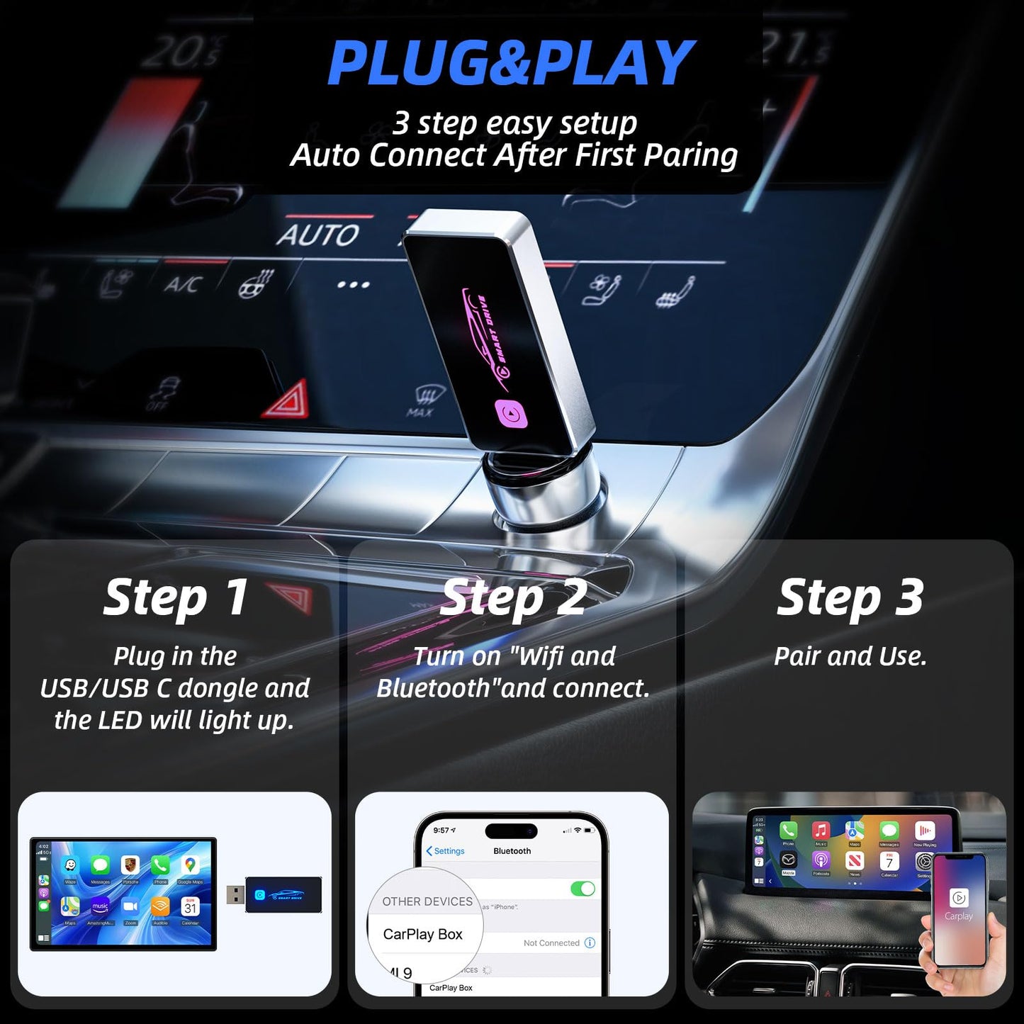 Glory Keep Wireless CarPlay Adapter, Converts Wired to Wireless for iPhone 10+, Supports Over 800 Car Models, Plug & Play CarPlay for Cars from 2017