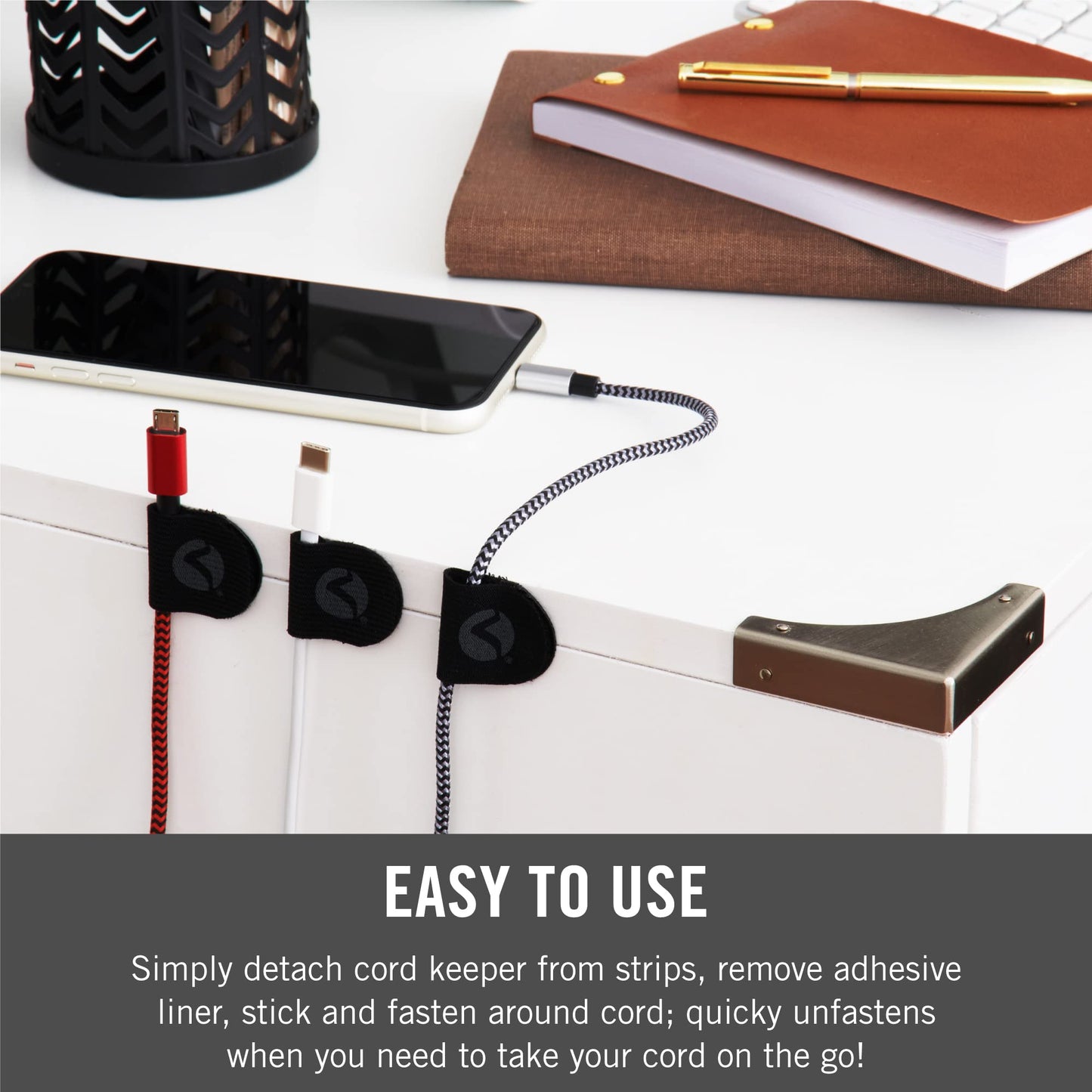 VELCRO Brand Cord Keepers | Soft Nylon Cable Clips Organize Wires in Home, Office, Desk or Nightstand | Removable Adhesive Back Holds Secure, Removes
