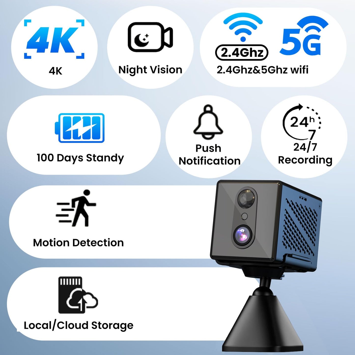 2026 Upgraded 4K Security Camera, 5GHz WiFi Indoor Camera, Free Cloud Storage, Home Security Camera with Night Vision, Motion Sensor, Long Battery