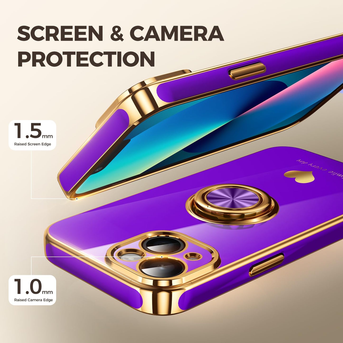 Nonional Compatible for iPhone 13 Case with 2 Pack Screen Protector, 360° Rotatable Ring Holder [Luxury Hearts Pattern] Plating Gold Edge Slim Soft