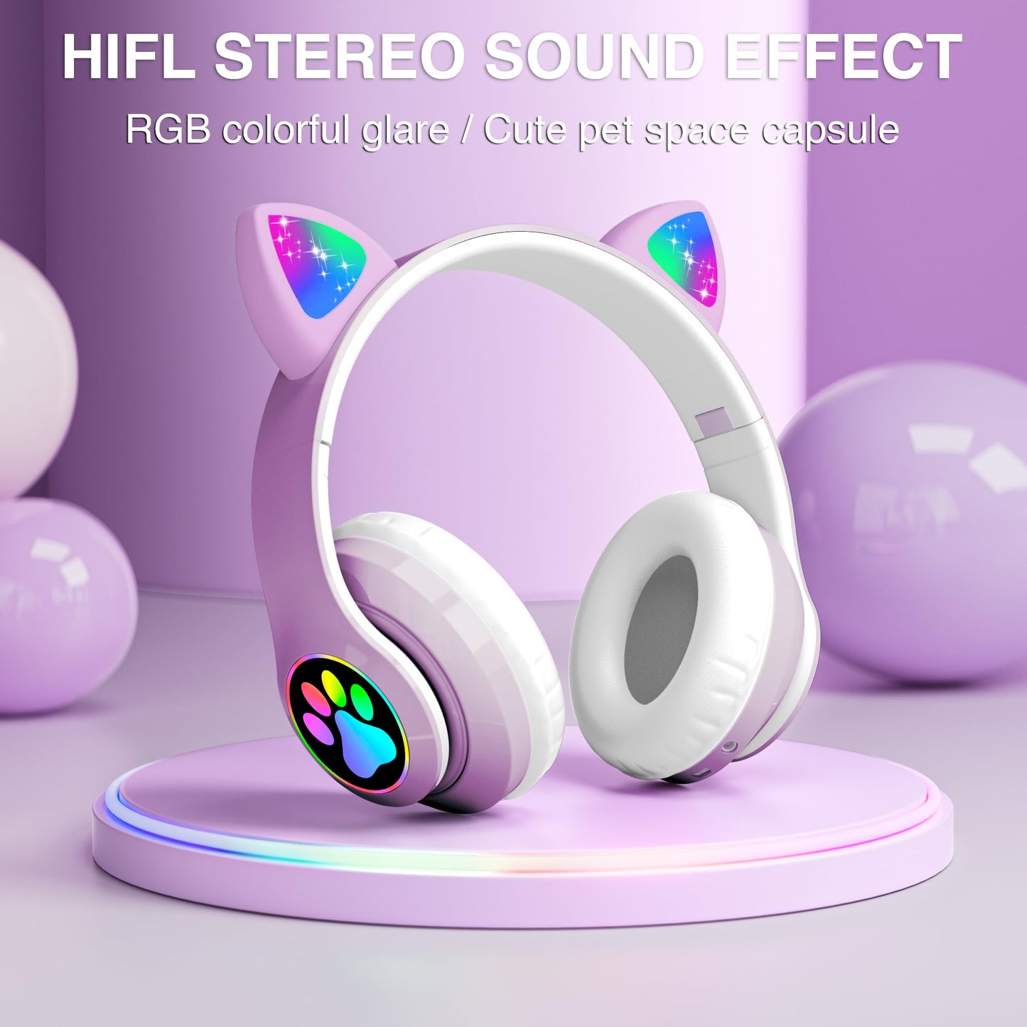KERHAND Bluetooth Noise Cancelling Headphones for Kids,Foldable Cat Headphone with LED Light Up Ear,Cat Ear Headphones for Toddler with Microphone/TF