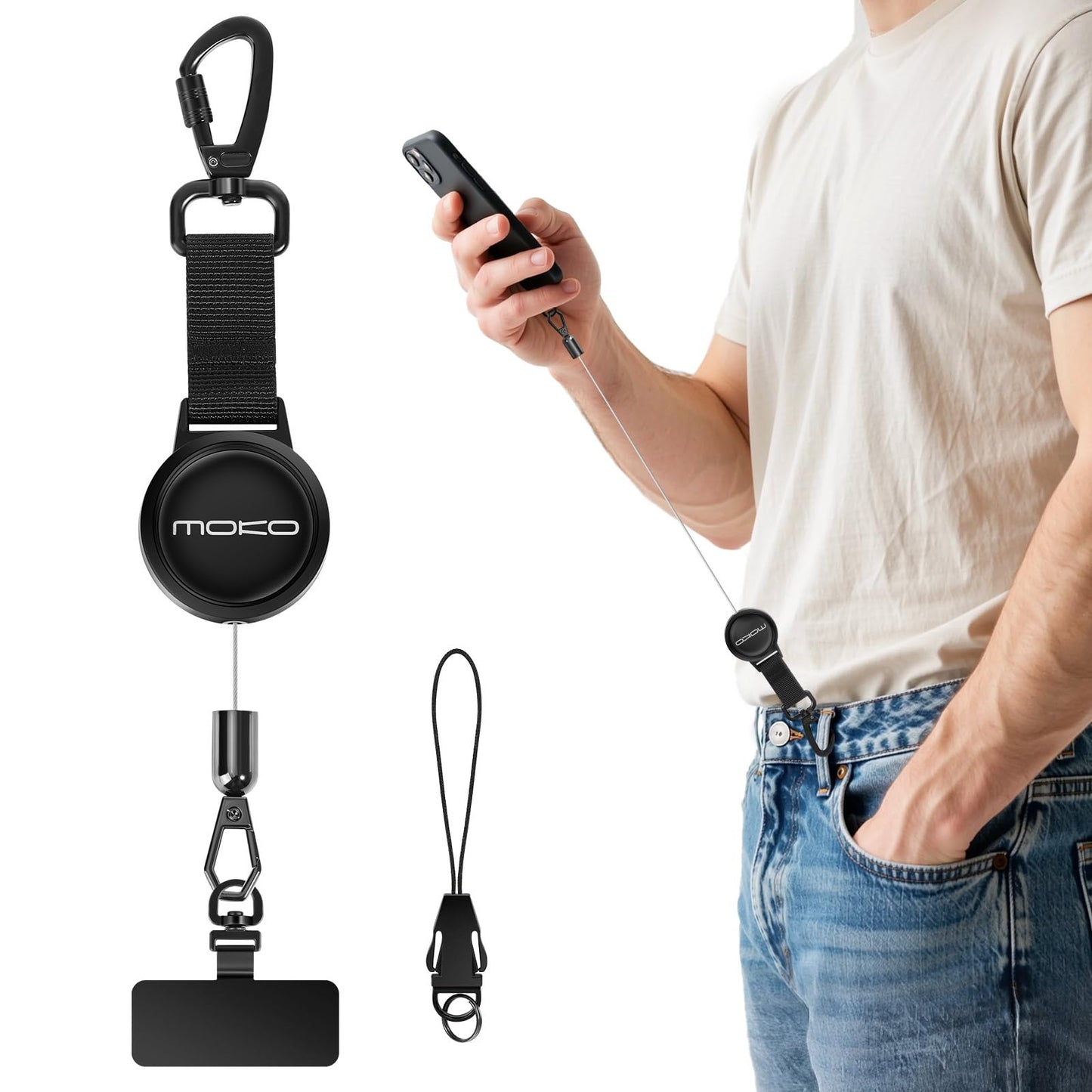 MoKo Anti-theft Phone Tether, Phone Lanyard Retractable Steel Line Cellphone Strap with Locking Carabiner and Metal 360° Tether Tab for Outdoor Skiing