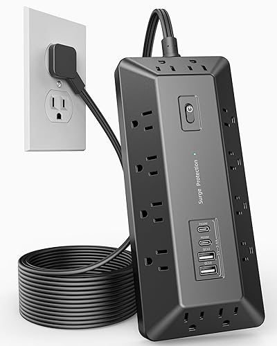VIPWELL 16 in 1 Surge Protector Power Strip with 4 USB (2 USB C) and 12 AC Outlets Extender, 6 Ft Flat Plug Extension Cord, Cable Management Outlets