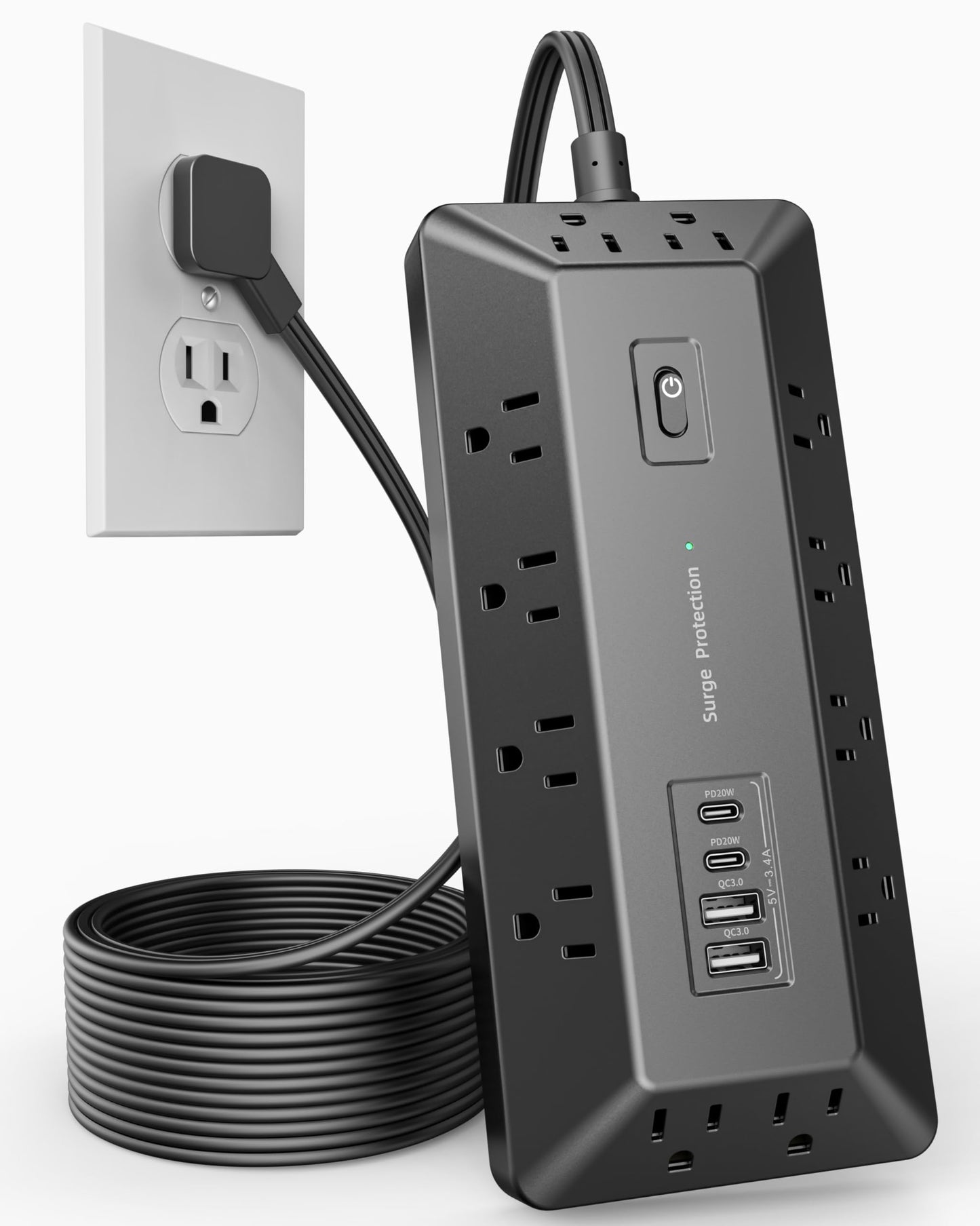 VIPWELL 16 in 1 Surge Protector Power Strip with 4 USB (2 USB C) and 12 AC Outlets Extender, 6 Ft Flat Plug Extension Cord, Cable Management Outlets