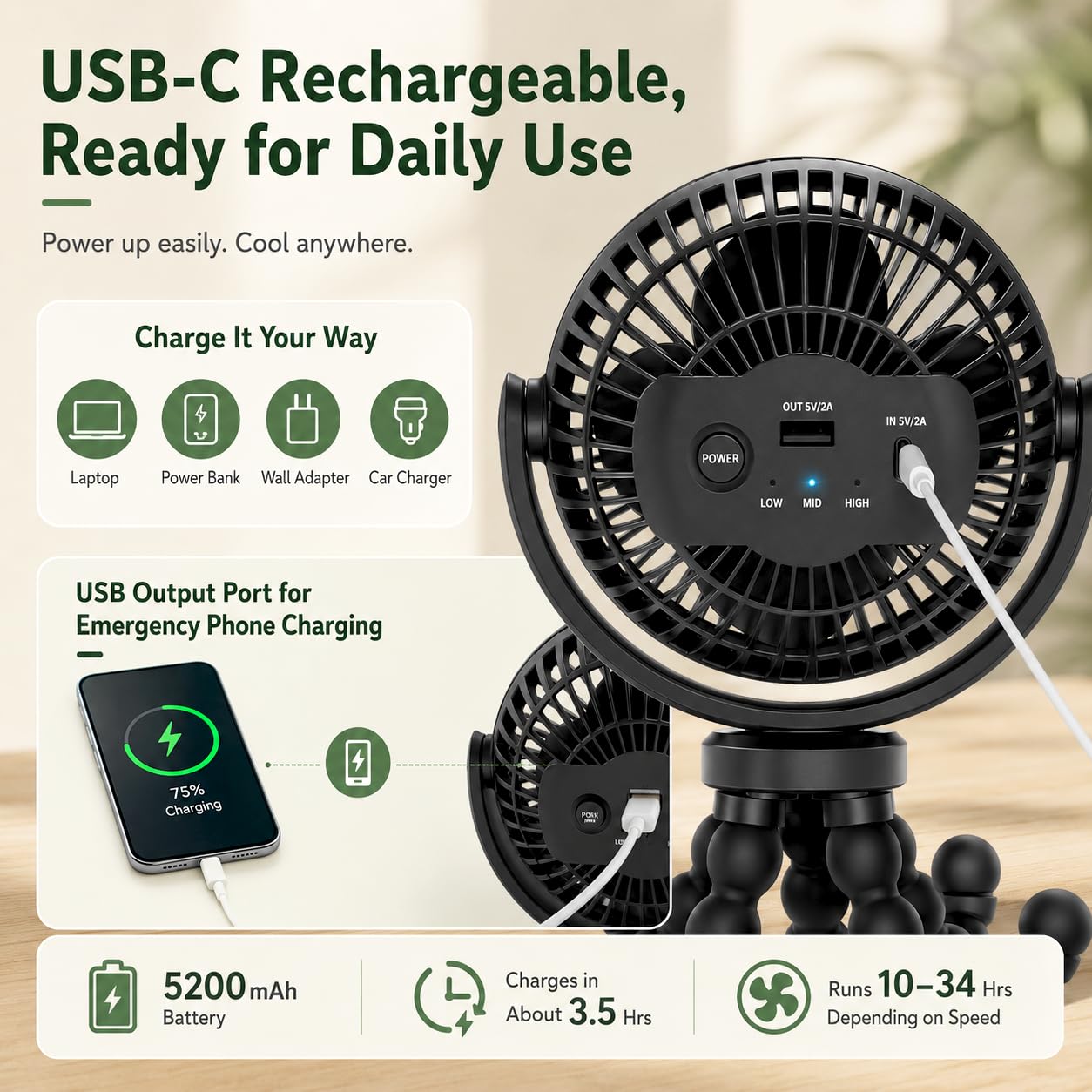 Portable Fan, 5200mAh USB Rechargeable Octopus Desk Fan with Flexible Legs