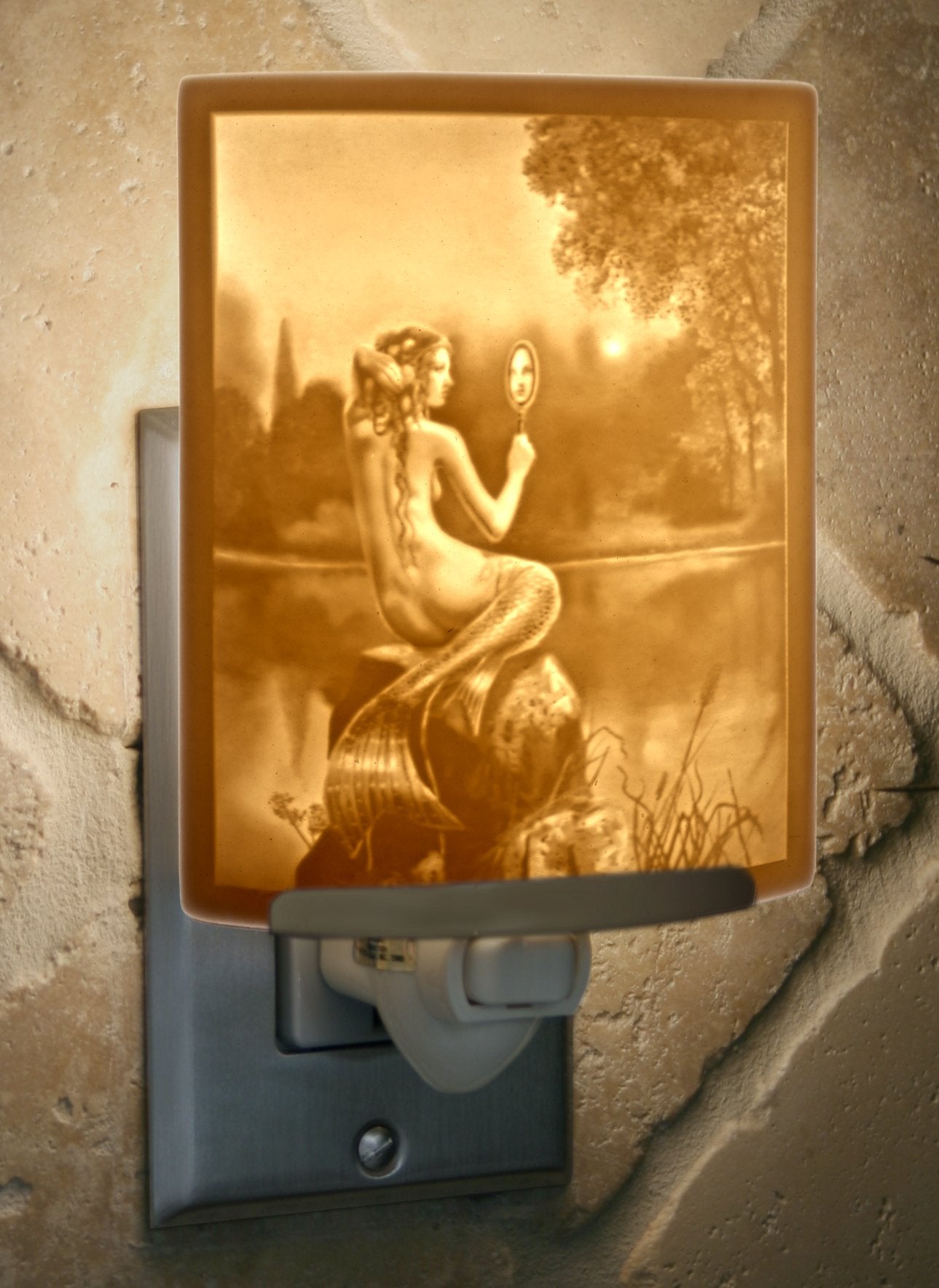 The Porcelain Garden Mermaid Night Light, Etched Porcelain Lithophane Mermaid & Mirror, Art By David Delamare, Decorative Wall Plug in
