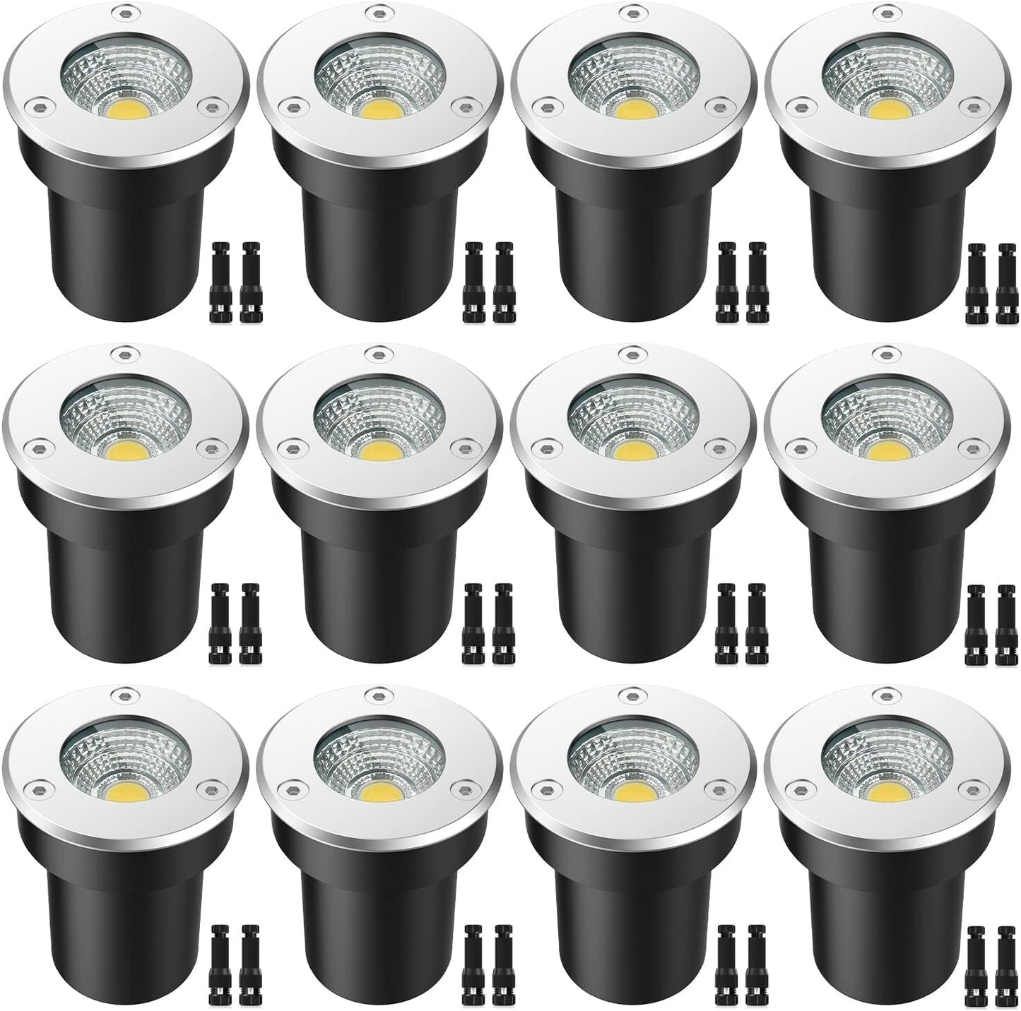 LEDVIE LED Landscape Lights, 12 Pack 7W Ground Lights With 24 Connectors, Low Voltage In-Ground Well Pathway Lighting, Daylight White, Waterproof