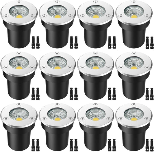 LEDVIE LED Landscape Lights, 12 Pack 7W Ground Lights With 24 Connectors, Low Voltage In-Ground Well Pathway Lighting, Daylight White, Waterproof