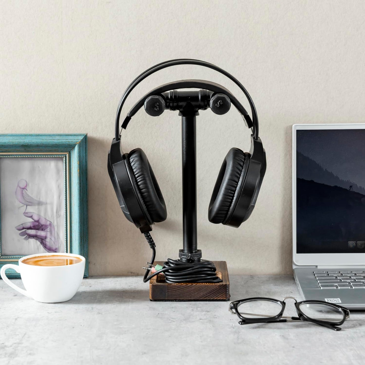 MyGift Headphone Stand, Industrial Black Metal Pipe Universal Desktop Headset Holder with Burnt Solid Wood Tray