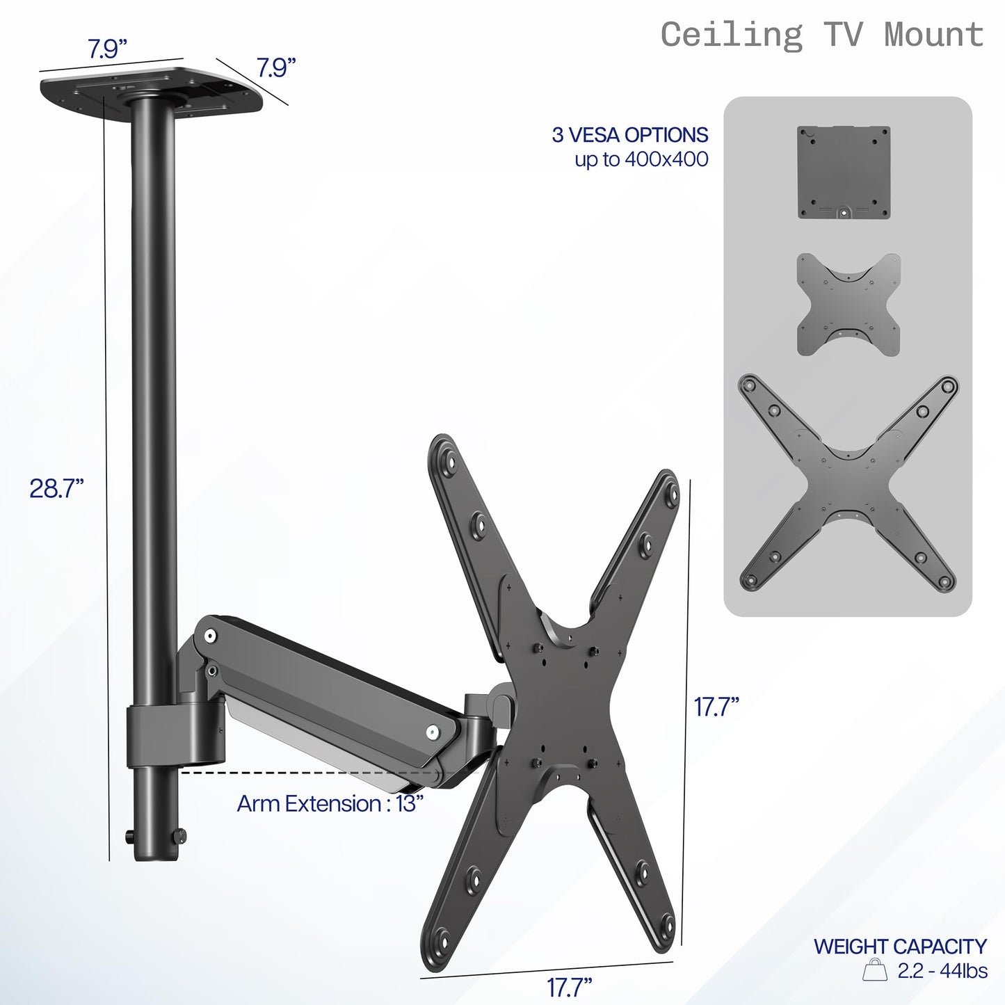 VIVO Heavy Duty Articulating Ceiling TV Mount for 17 to 55 inch Screens, Holds 44 lbs, Swivel and Pneumatic Height Adjustment, Max VESA 400x400