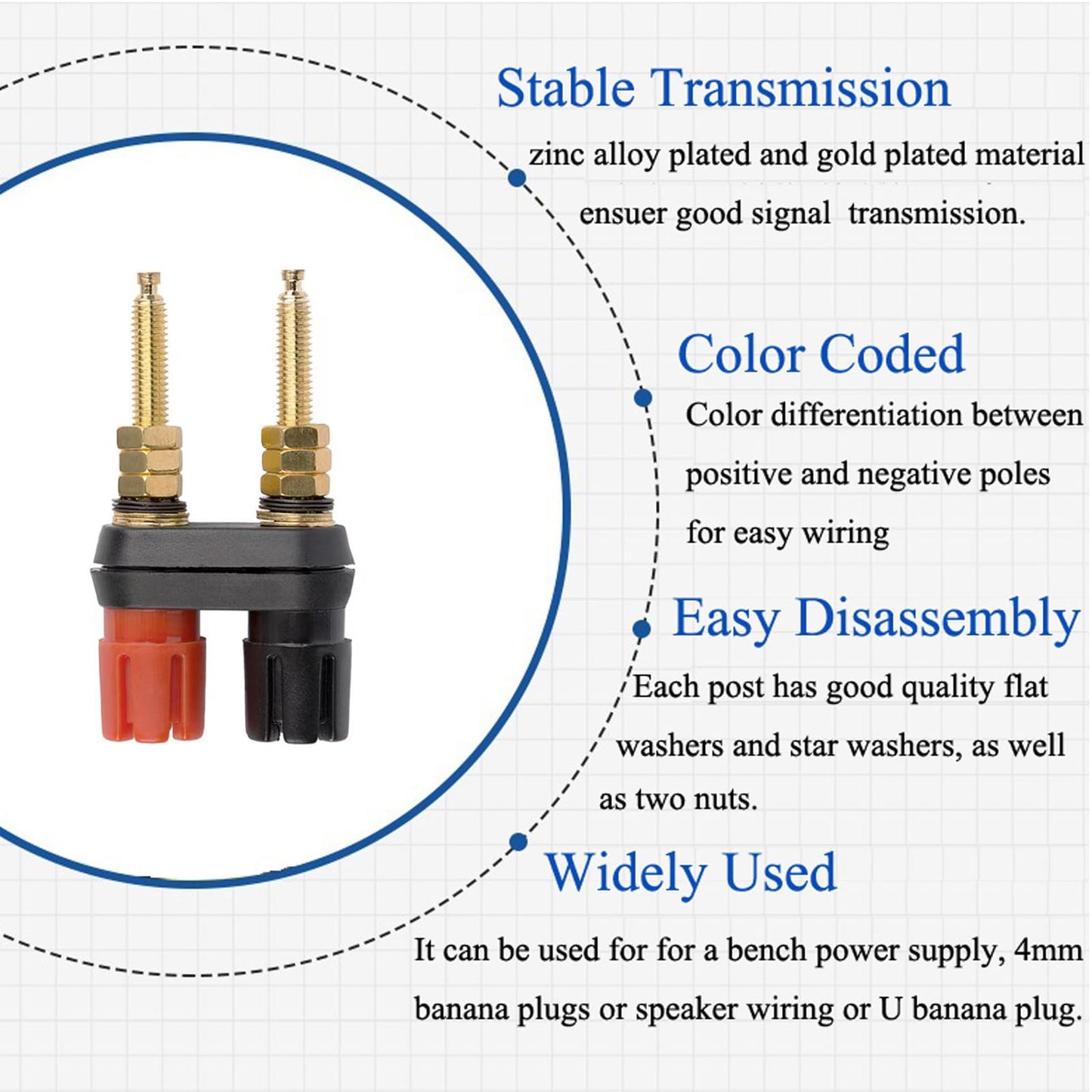 EIGHTNOO 4Pcs Banana Jack Plugs Gold Plated Long Threaded Binding Post Speaker Connectors Terminal 2 Way Dual 4mm Banana Plug Female Sockets
