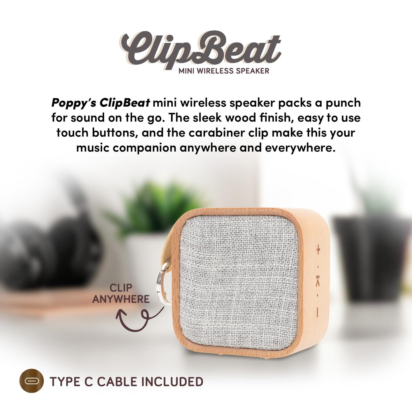 xo poppy ClipBeat Mini Wireless Speaker, Bluetooth Wood Finish, Type-C Rechargeable, Touch Control, Portable with Carabiner Clip