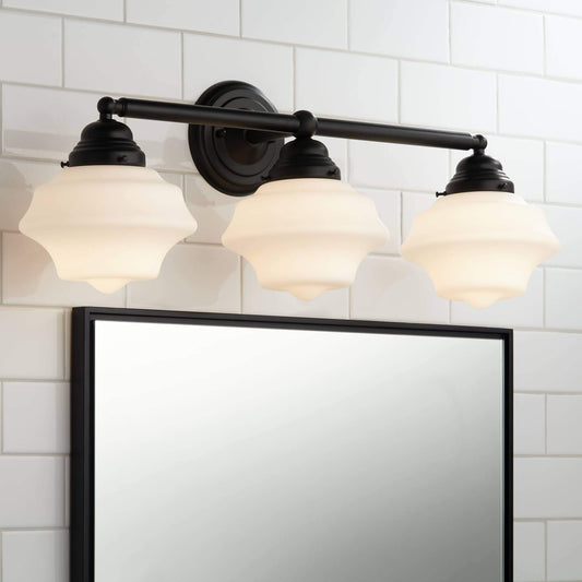 Possini Euro Design Astrid Modern Wall Light Black Metal Hardwired 27 1/4" 3-Light Fixture Opal White Glass Shade for Bedroom Bedside Bathroom Vanity