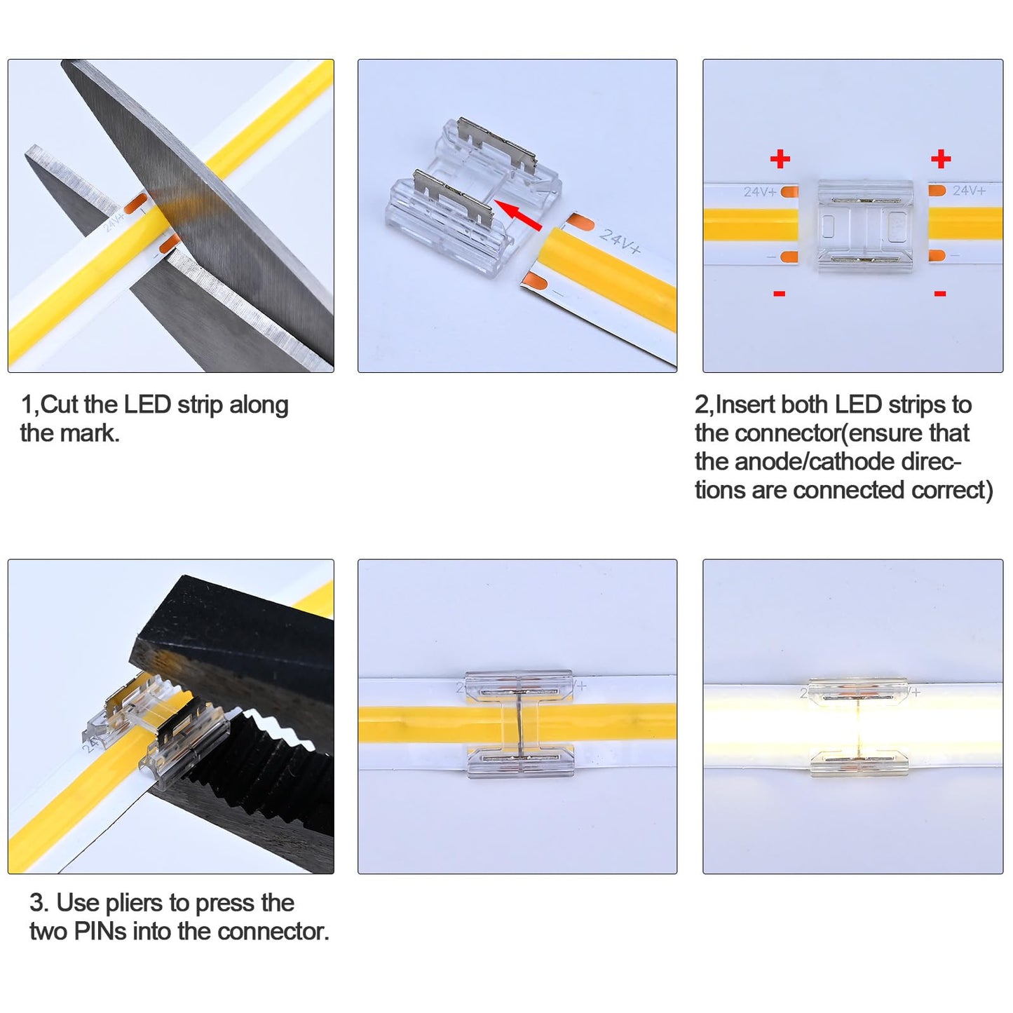 GOMING 2-Pin 0.39in/10mm Board Width COB Connector Kit 12 Transparent Gapless Connectors 4 L-Shaped/Corner Gapless Connectors 5 Extension Wires