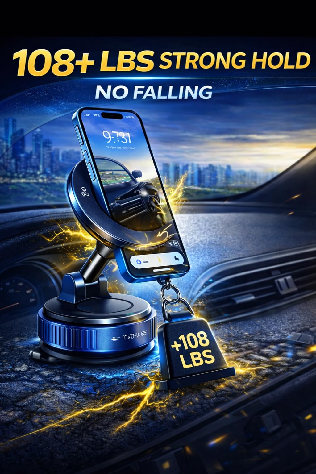 MVGLO Magnetic Car Phone Mount with Vacuum Suction, 108+ lbs Strong Hold, 360° Rotation, Dashboard & Windshield Holder for iPhone 15, 14, 13, 12