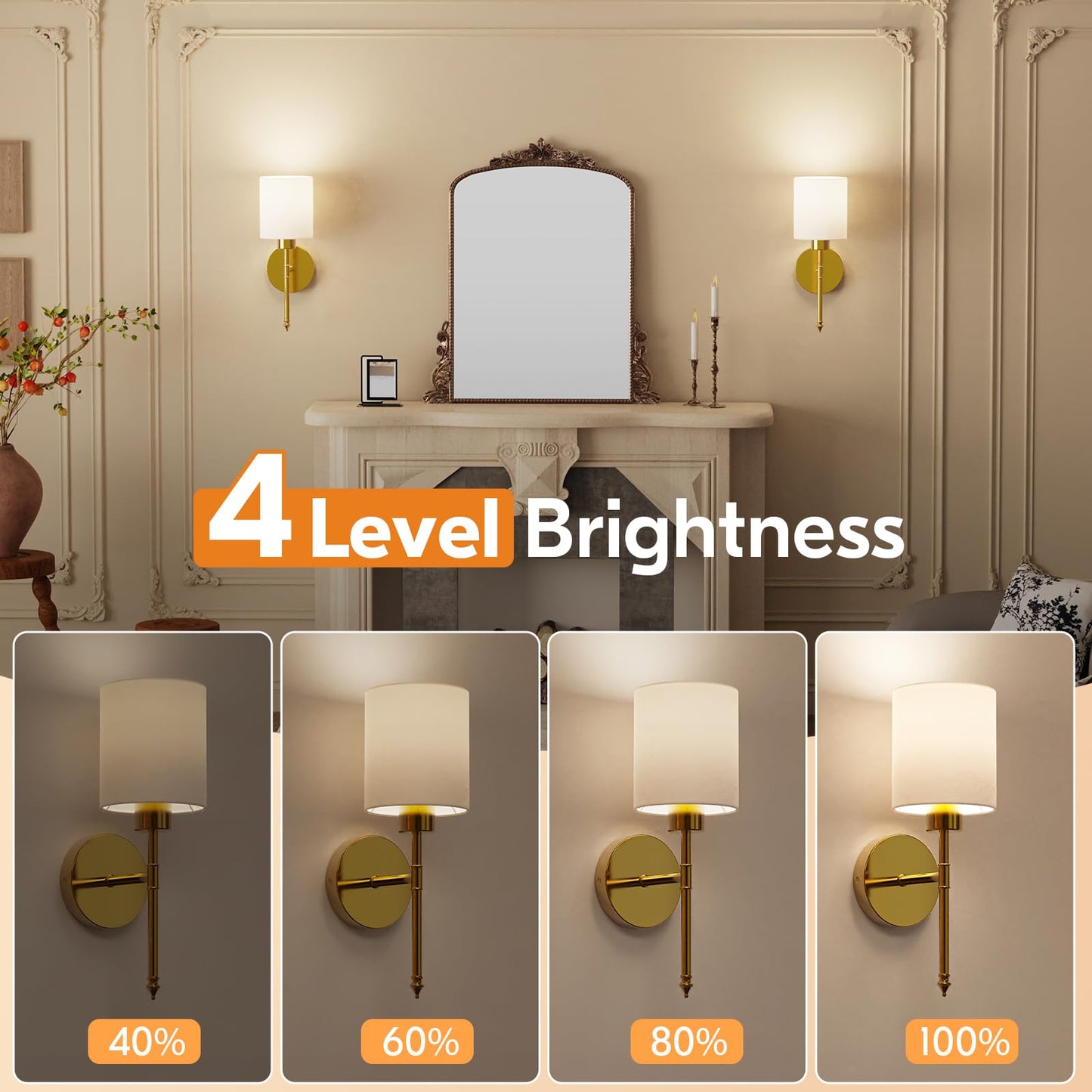 NIORSUN 15 inch Battery Operated Wall Sconce Set of 2, Gold Wireless Rechargeable Wall Lights with 5200mAh Dimmable Detachable Bulbs and Remote, 9