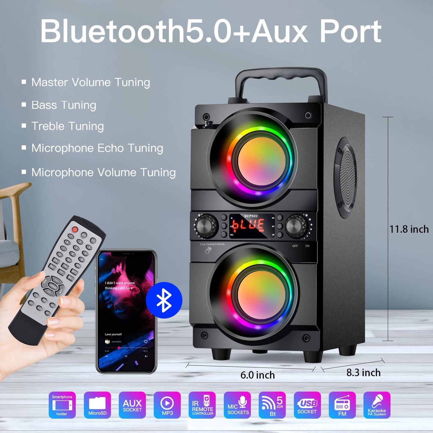 60W (80W Peak) Portable Bluetooth Speaker with Double Subwoofer Heavy Bass, Bluetooth 5.0 Wireless 100ft Outdoor Speaker, Support FM Radio, LED