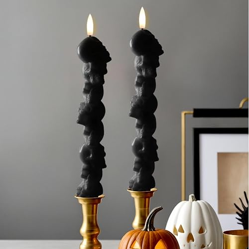LumiPur Signature Collection Natural Glow Flickering Flameless LED Wax Taper Candle 1" x 9" (Skulls - Black, 2-Pack)