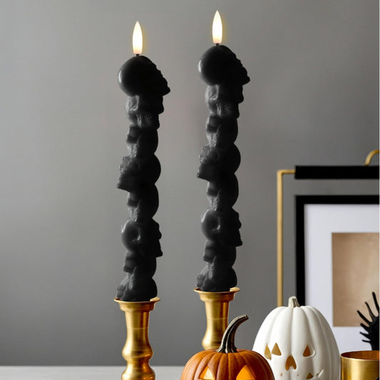 LumiPur Signature Collection Natural Glow Flickering Flameless LED Wax Taper Candle 1" x 9" (Skulls - Black, 2-Pack)