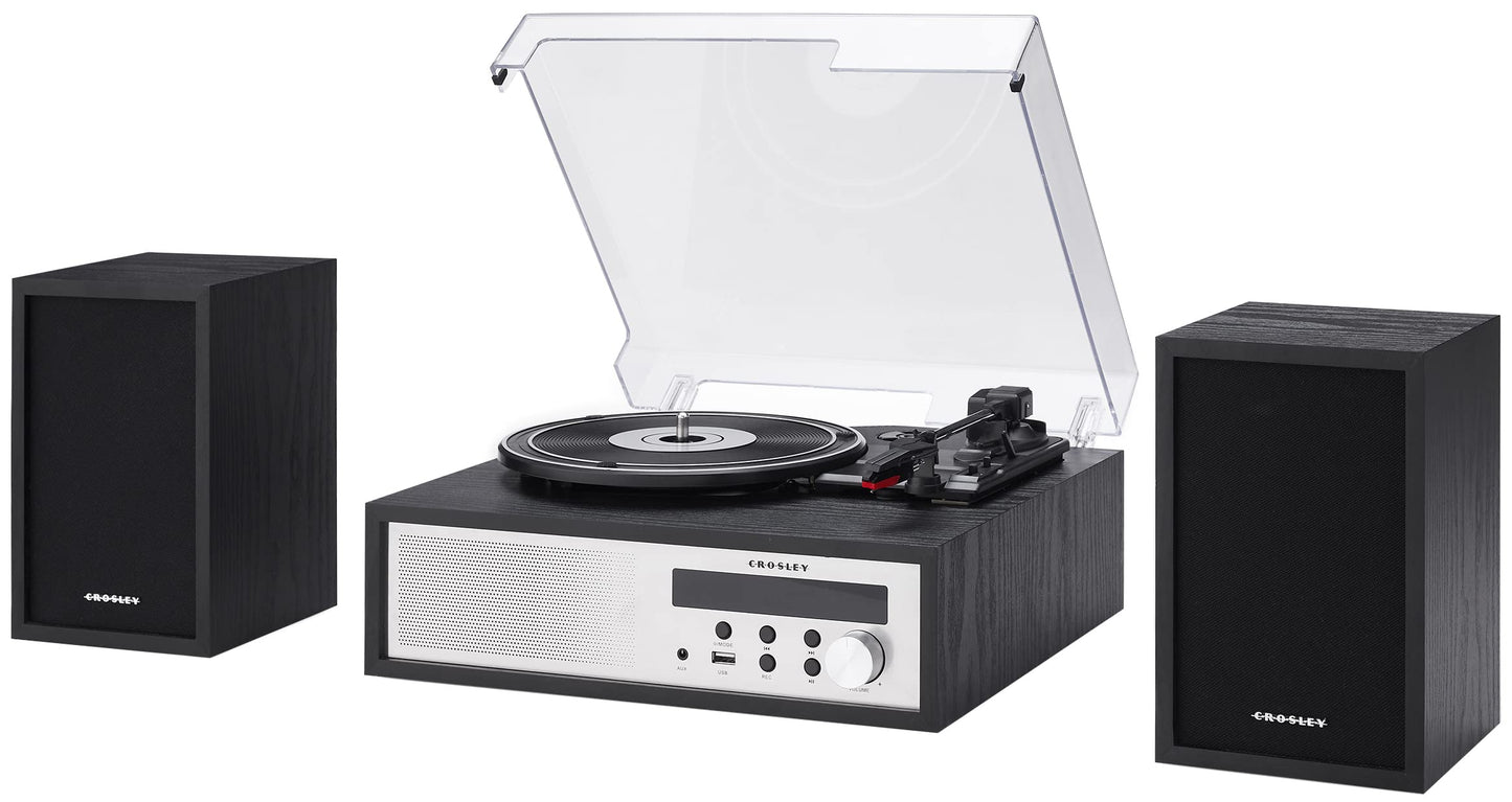 Crosley CR7022A-BK Sloane 3-Speed Bluetooth Turntable and FM Radio Shelf System with Matching Stereo Speakers, Black