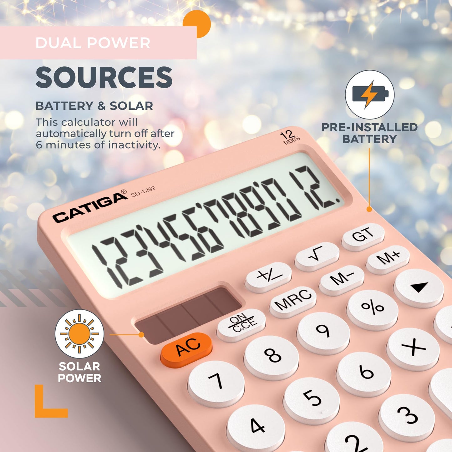 CATIGA 12 Digit Desktop Calculator Basic Desk Calculator with Large LCD Display, Big Buttons, 4 Function, Solar and Battery Dual Power, for Office