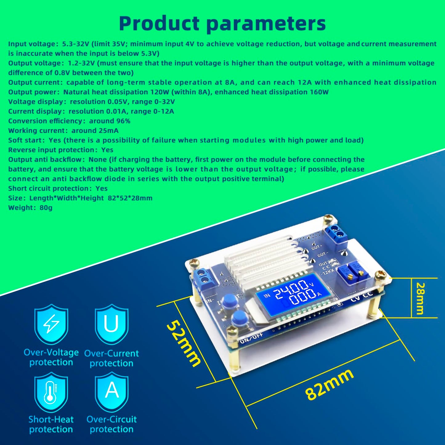 DaFuRui DC Buck Converter, 1Pack 5.3V-32V to 1.2V-32V 12A Adjustable Power Supply with LCD Display Volt Transformer Reducer
