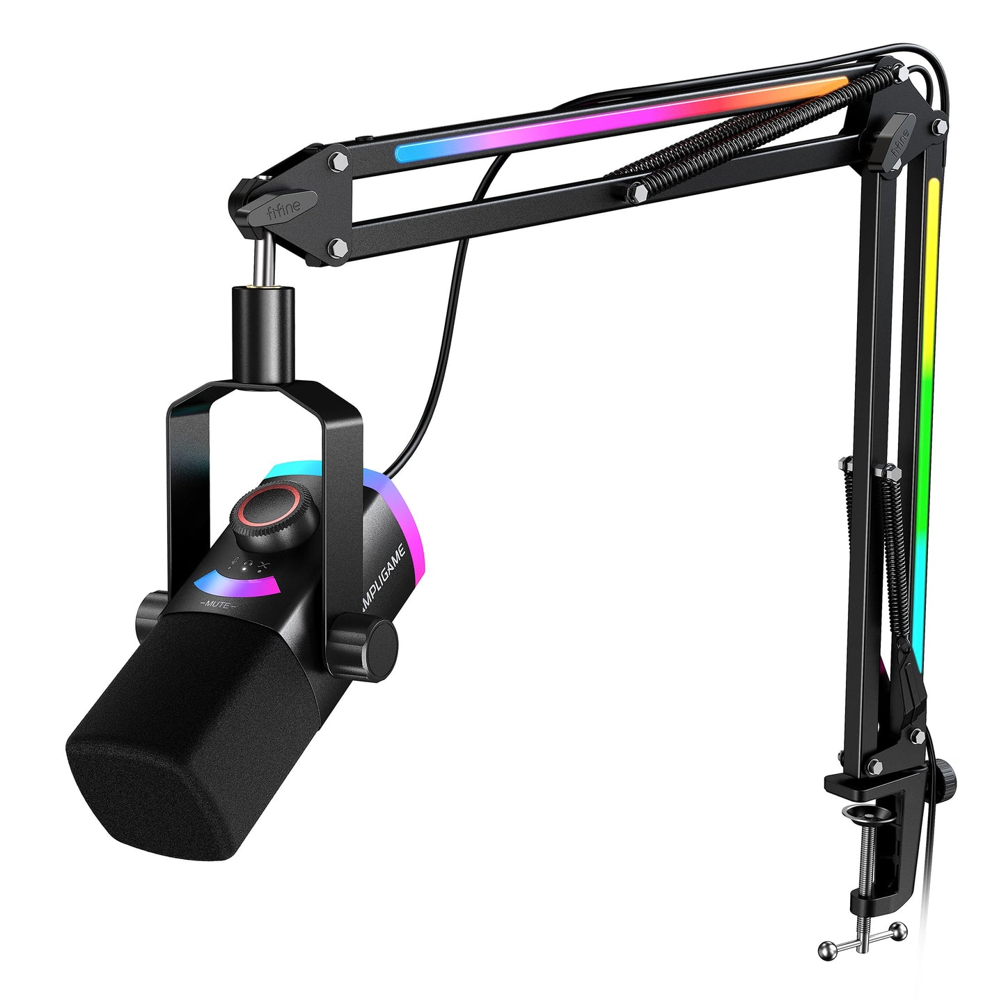 FIFINE Gaming Microphone Kit, XLR/USB Dynamic PC Microphone with Boom Arm for Podcast Recording, RGB Streaming Mic Set, Tap-to-Mute, Mix Control