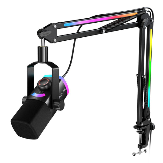 FIFINE Gaming Microphone Kit, XLR/USB Dynamic PC Microphone with Boom Arm for Podcast Recording, RGB Streaming Mic Set, Tap-to-Mute, Mix Control