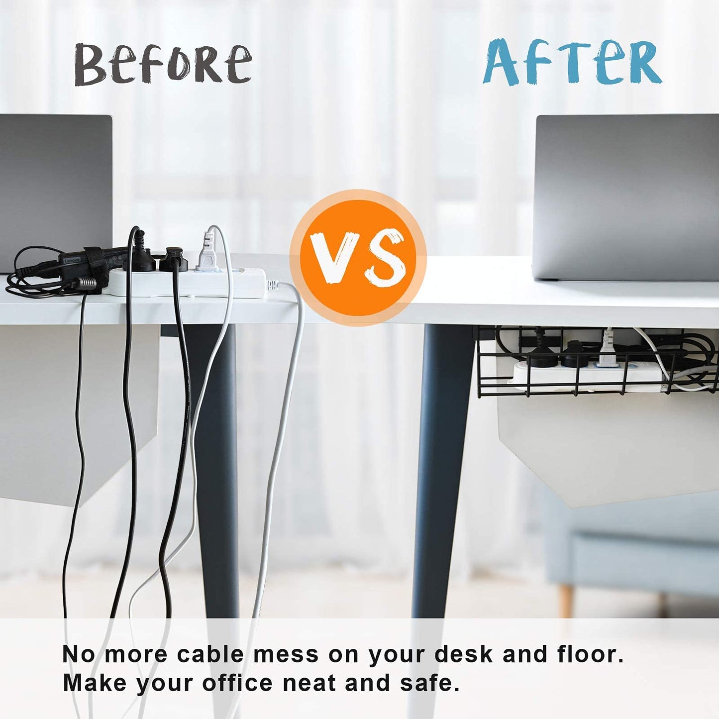 COYACOOL Under Desk Cable Management- 2 Pack Cord Organizer. Metal Wire Cable Management Tray for Office, Studio and Home. Super Sturdy Under Table