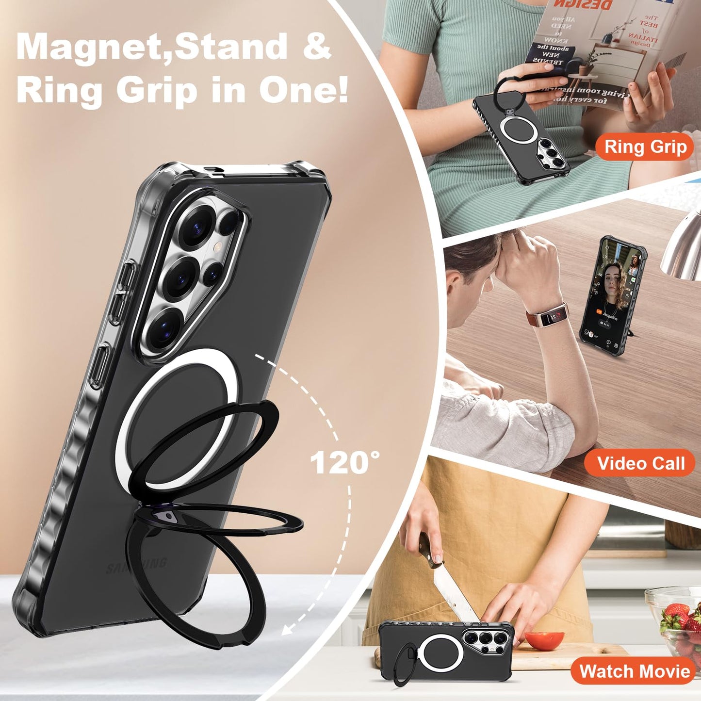 JQRZAOAK Compatible with Samsung Galaxy S26 Ultra Case 6.9'' Cute Wavy Frame with Magnetic Stand [Compatible with Mag-Safe] Military-Grade Translucent
