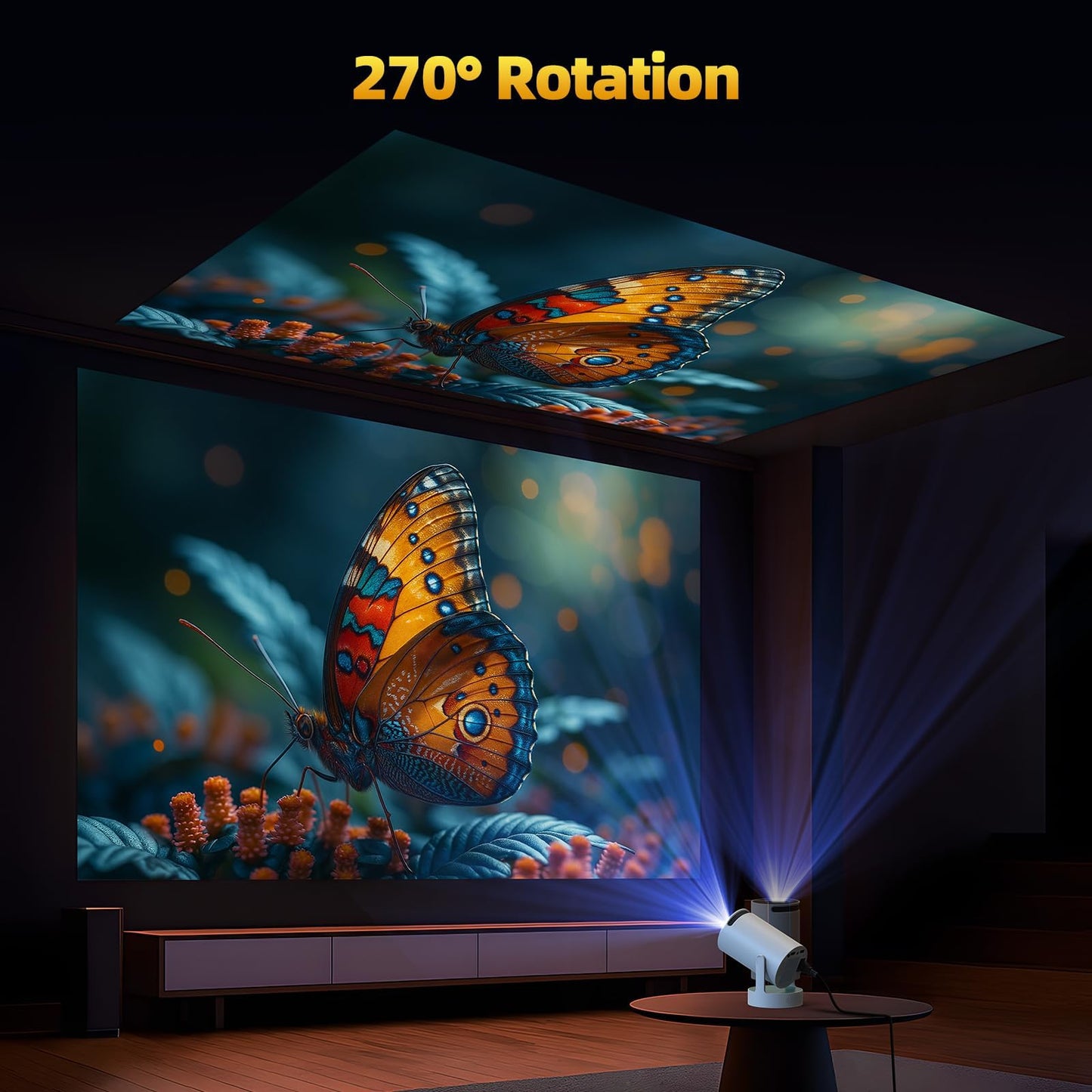 Mini Projector with WiFi and Bluetooth, 4K Projector with 5W Soundbase Speaker, Portable Projector for Bedroom, 300 ANSI Lumens Smart Projector, 270°