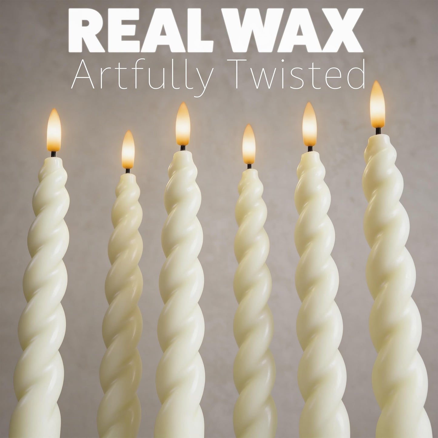 WYZworks 10" Flameless LED Taper Candles - Full Twisted Spiral - Ivory, Set of 6 - Remote, 2/4/6/8-Hr Timer (24-hr Memory), Bottom On/Off Button