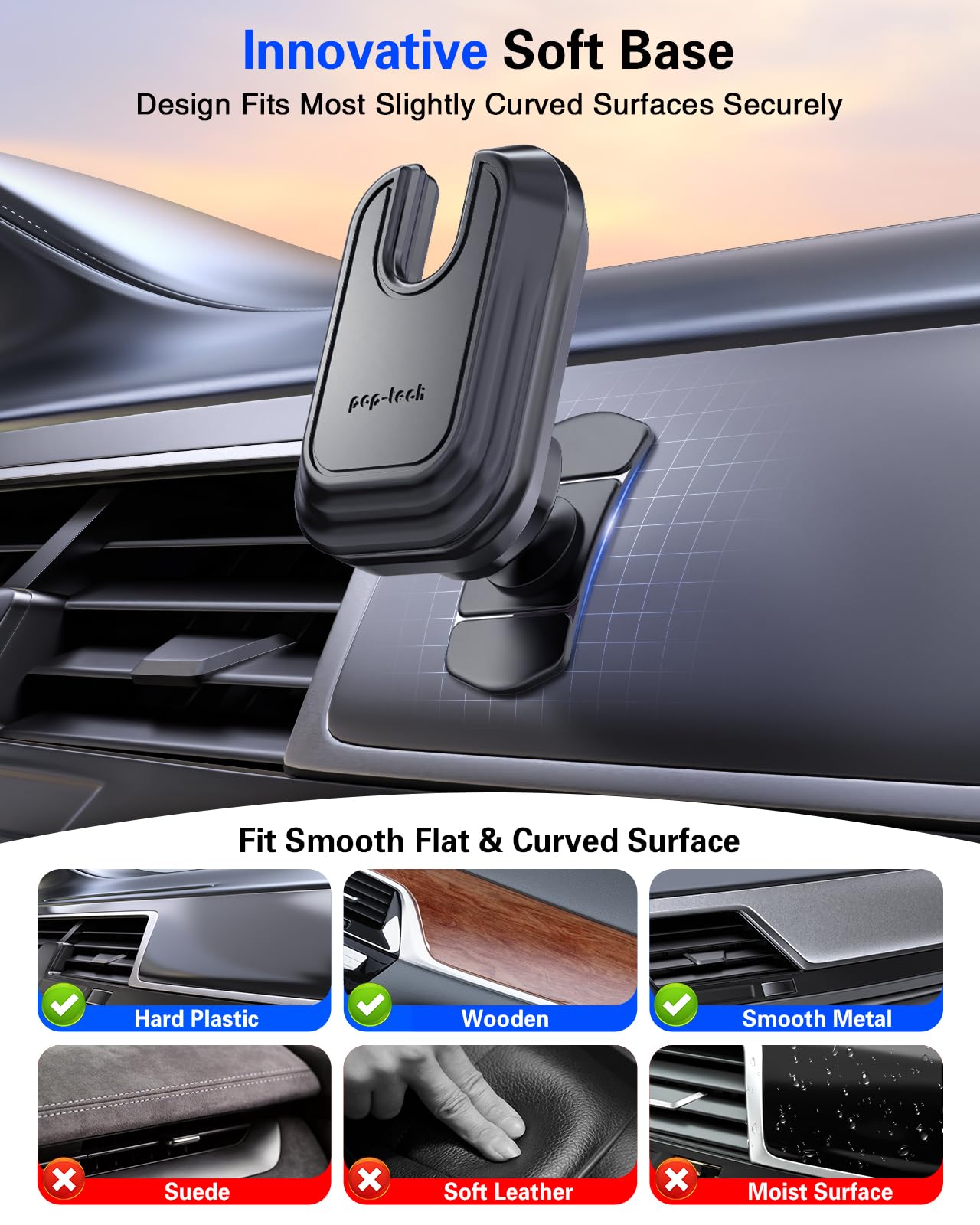 pop-tech Car Phone Mount for Socket Grip, Strong Sticky Cell Phone Holder for Auto Dashboard, Adjustable Adhesive Car Mount Compatible with Thick