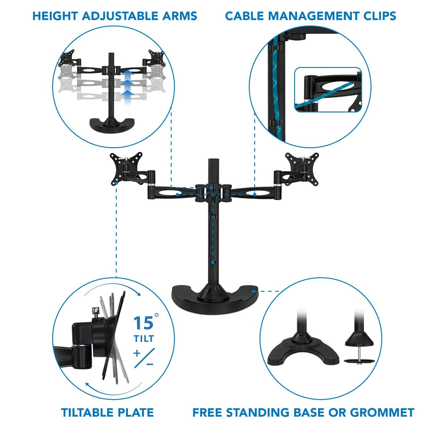 Mount-It! Dual Monitor Stand for Desk, Adjustable Monitor Stand for 2 Screens up to 27", 22 lbs Each, VESA 75x75 100x100, Full Motion Arms, Free