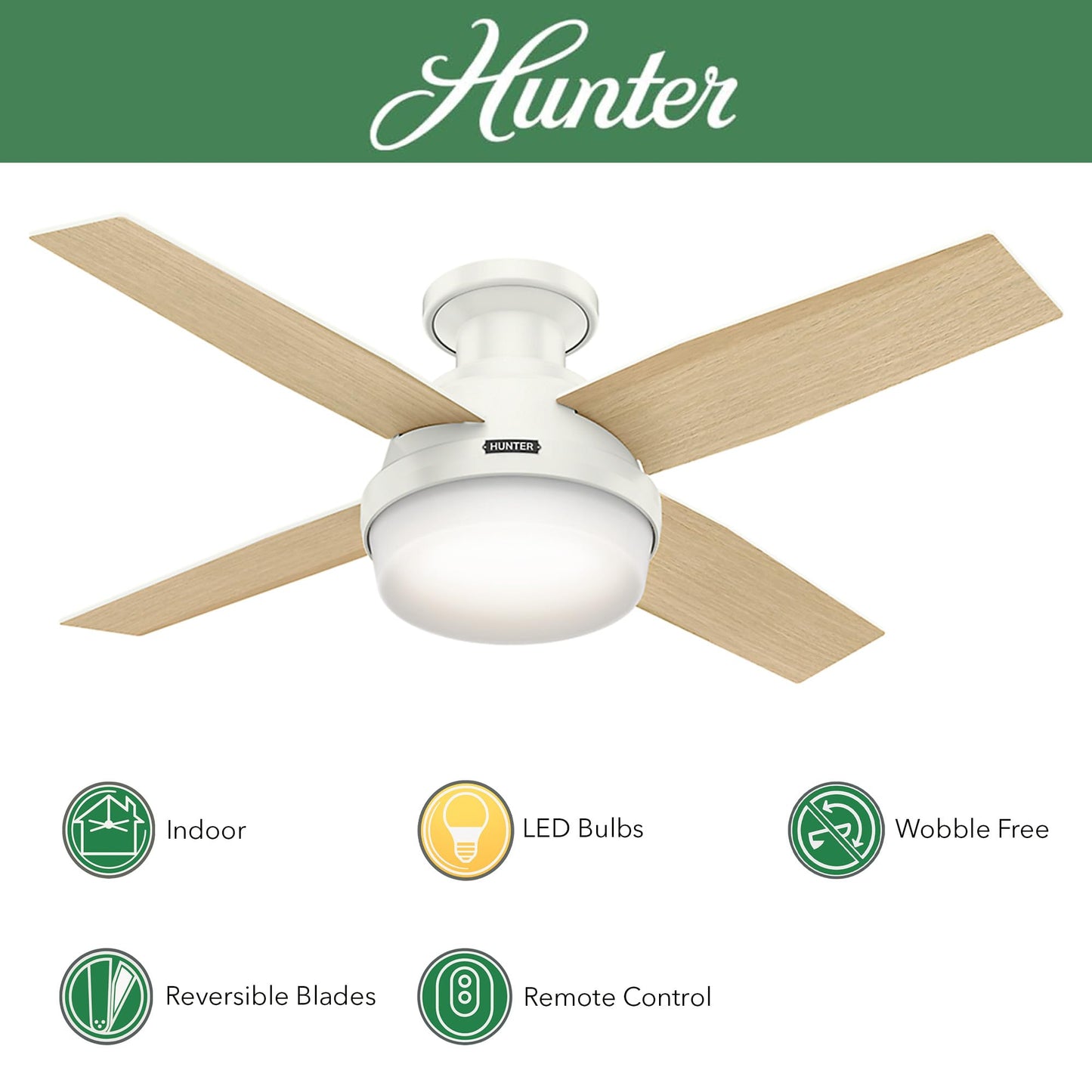 Hunter Fan 44 inch Indoor Ceiling Fan with Light, White Modern Ceiling Fan with Remote, 4 Blades for Kids Room, Bedroom, Office or Kitchen (Renewed)