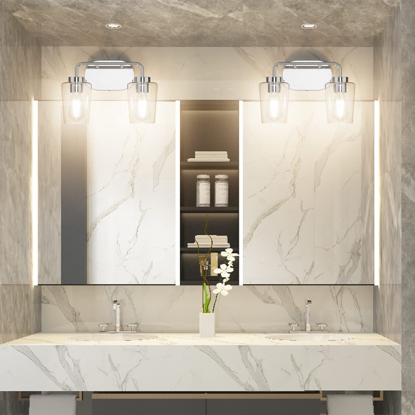 Tipace Chrome Vintage Bathroom Vanity Light,2 Lights Modern Stainless Steel with Clear Glass Bathroom Light Fixtures Industrial Wall Mount Lighting