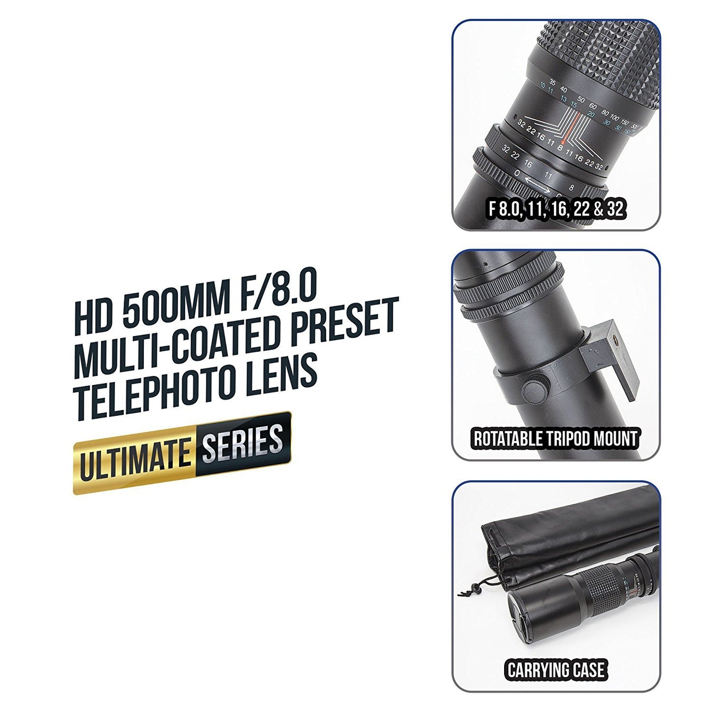 Ultimaxx 500mm f/8 Multi-Coated Preset Telephoto Lens Includes T-Mount Adapter for Canon EF Mount & Microfiber Cleaning Cloth - Compatible